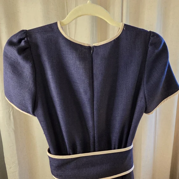 Fabulous Navy Wrap Dress with Cream Piping High Low - Picture 7 of 11